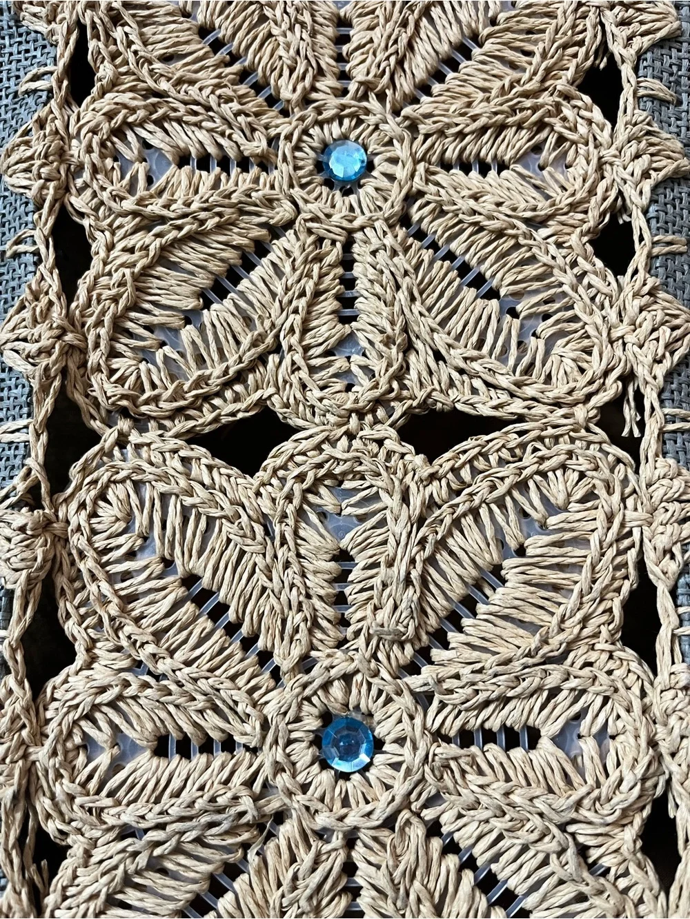 Bamboo54 Blue Woven Tote Bag with Raffia Floral Appliqué & Bamboo Handles